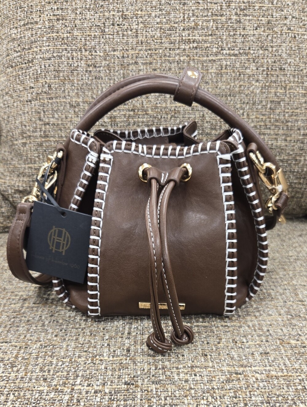 Haute Hippie Brown Leather Mini Drawstring Bucket Bag with White Stitching